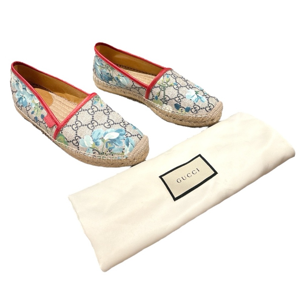 Gucci Blue Bloom GG Supreme Espadrilles Floral Flats EU 37.5 US 7.5